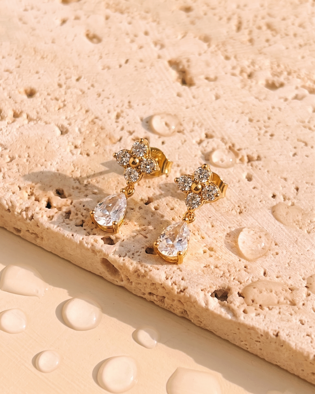 Charlie (Gold) Zircon Clover Shaped Stud Waterdrop Bezel Set Gold Drop Earrings