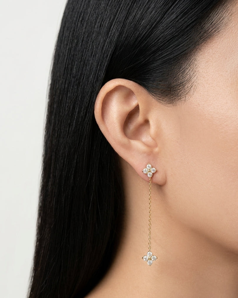 Cheska (Gold) Clover Zircon Bezel Set Stud Thin Long Gold Chain Clover Zircon Bezel Set Drop Earrings
