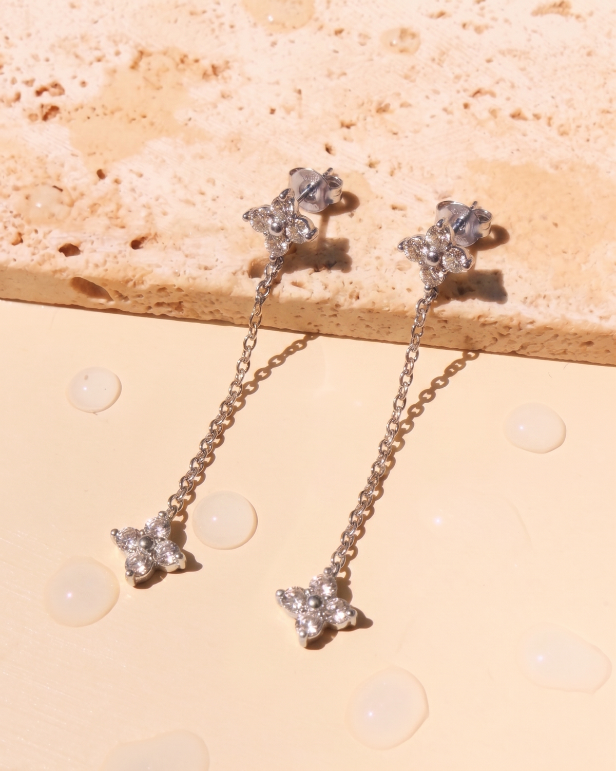Cheska (Silver) Clover Zircon Bezel Set Stud Thin Long Silver Chain Clover Zircon Bezel Set Drop Earrings