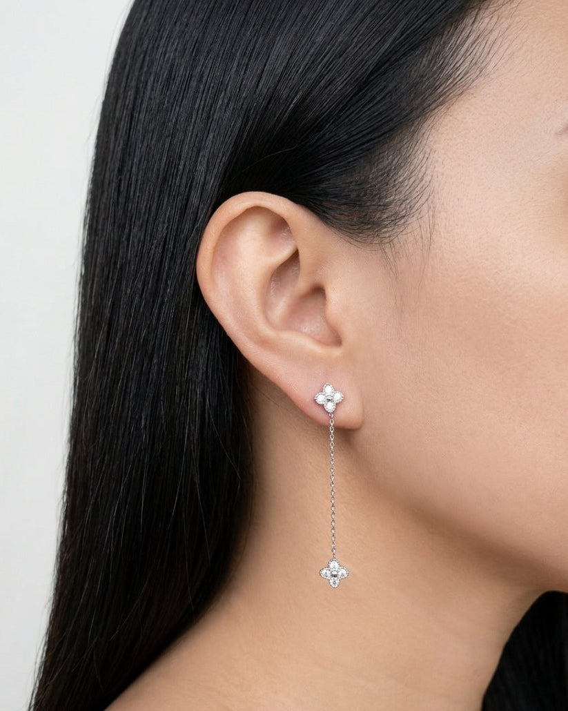 Cheska (Silver) Clover Zircon Bezel Set Stud Thin Long Silver Chain Clover Zircon Bezel Set Drop Earrings