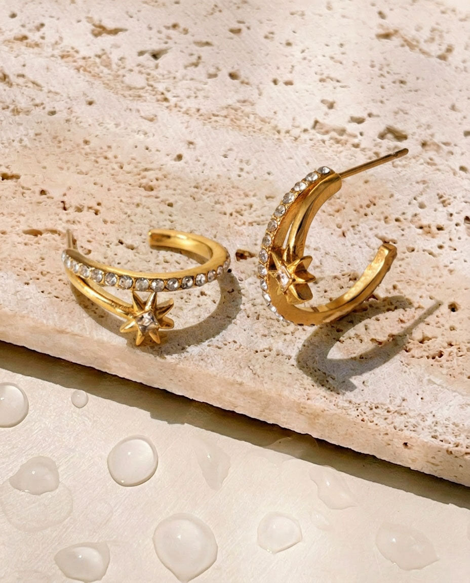 Chiquita Double Layer Zircon Paved C Shaped Hoop Shooting Star Half Gold Hoop Earrings