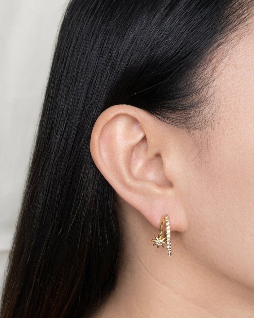 Chiquita Double Layer Zircon Paved C Shaped Hoop Shooting Star Half Gold Hoop Earrings