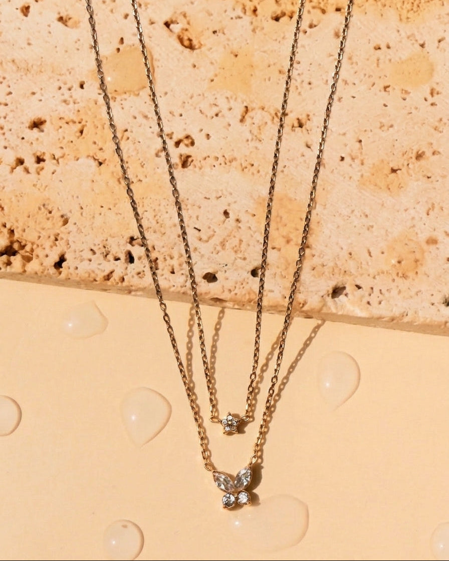 Cicely Double Layer Dainty Zircon Butterfly Bezel Set Pendant Zircon Star Shaped Pendant Classic Thin Link Chain Gold Necklace