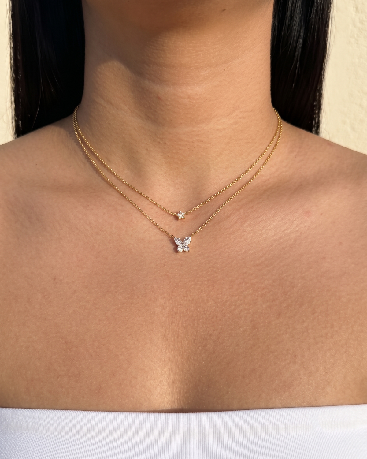Cicely Double Layer Dainty Zircon Butterfly Bezel Set Pendant Zircon Star Shaped Pendant Classic Thin Link Chain Gold Necklace