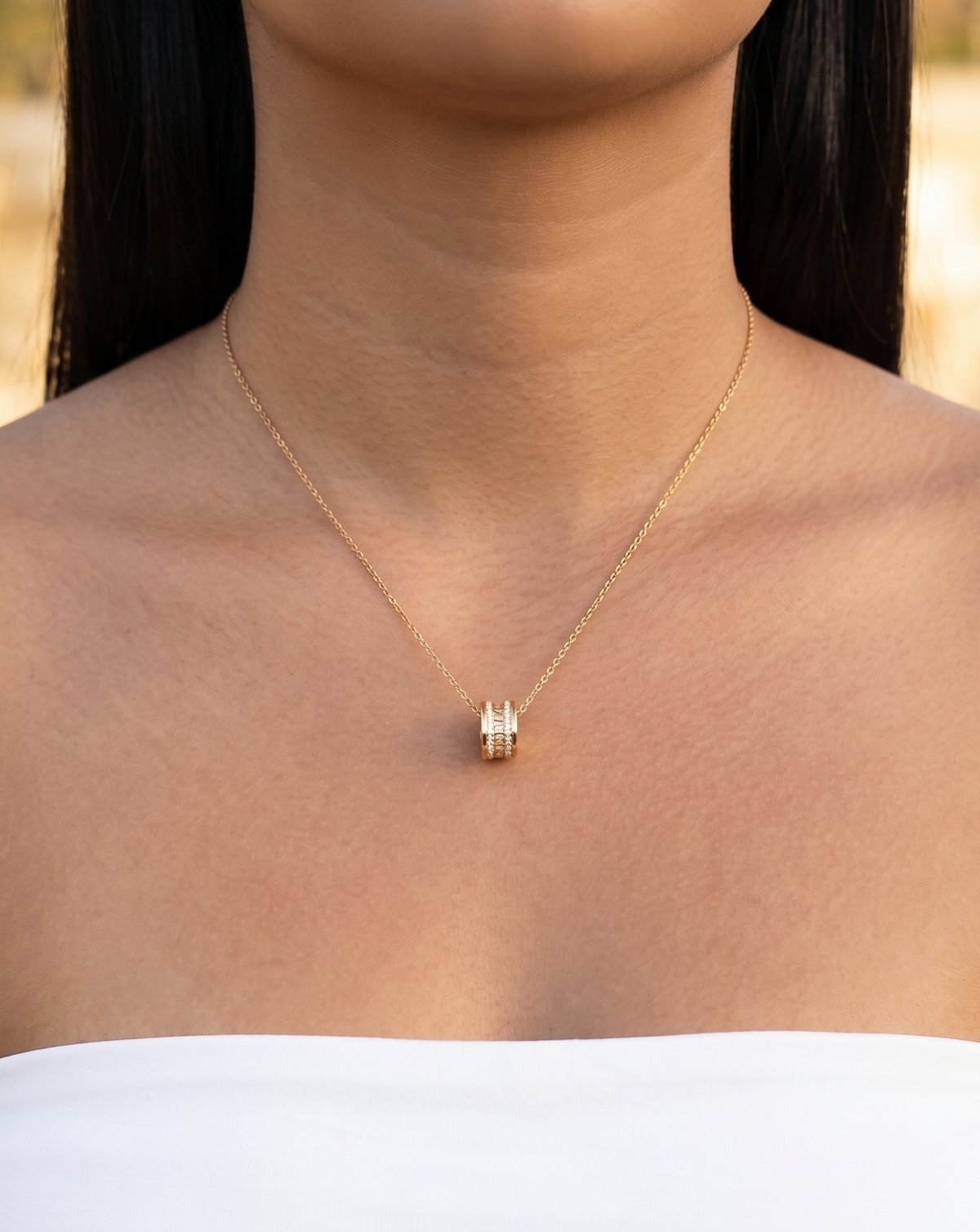 Clairemont Zircon Stripe Inlaid Set Wide Ring Design Pendant Classic Thin Link Chain Gold Necklace