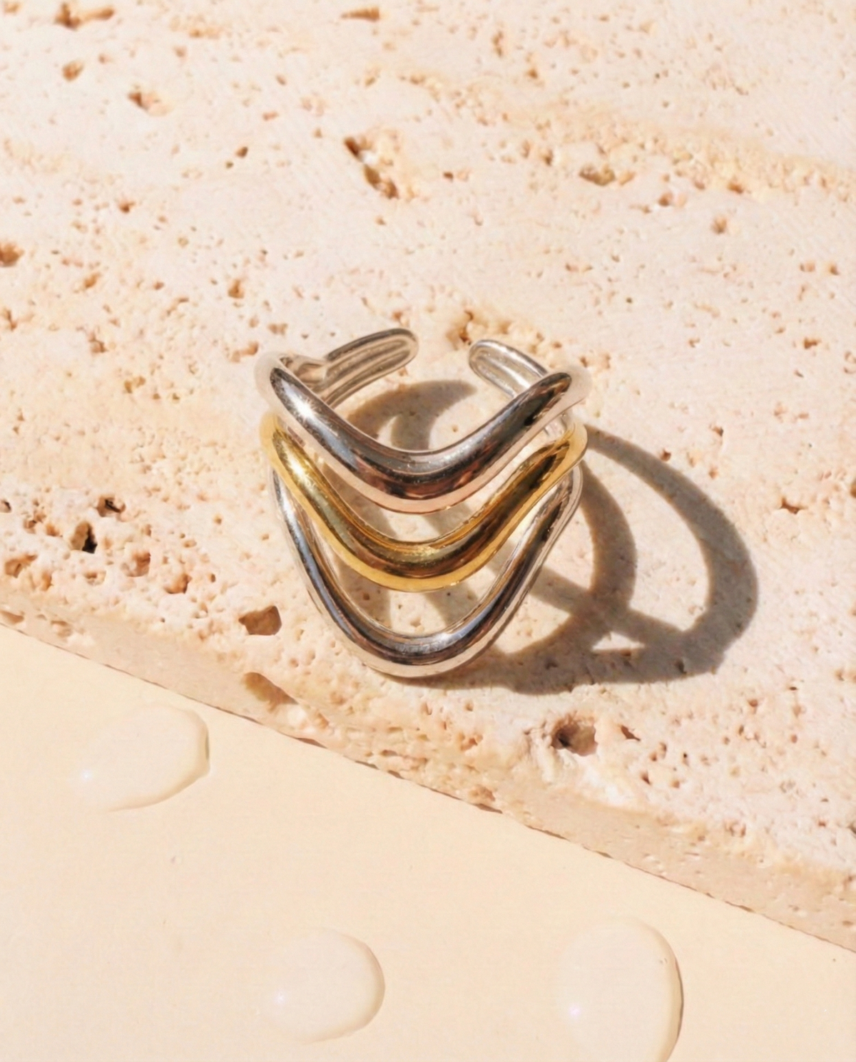 Coralie (Two Tone) Triple Layer Silver Gold Center Parallel Wave Design Open Ring