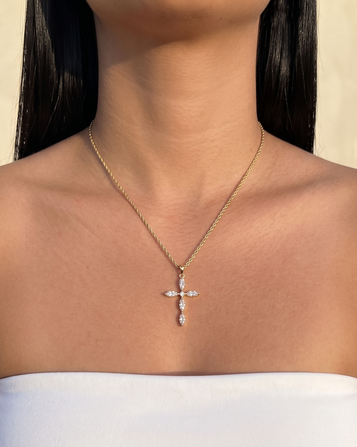 Crystal (Gold) Crowned Zircon Bezel Set Cross Design Pendant Twisted Thin Rope Chain Gold Necklace