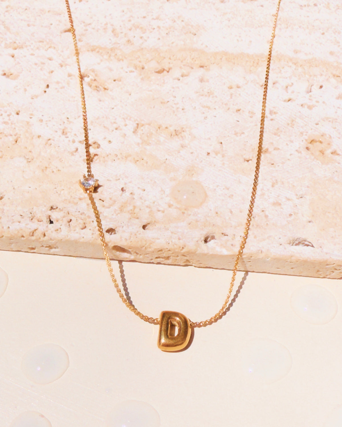 Marieta Letter Initials (A-Z) Rounded Puffy Design Center Pendant Zircon Side Pendant Thin Snake Chain Gold Necklace