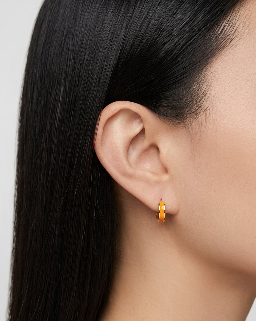 Dahlia (Orange) Enamel Center Inlaid Round Gold Huggies