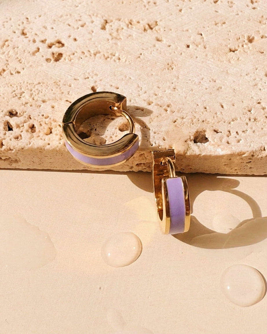 Dahlia (Purple) Enamel Center Inlaid Round Gold Huggies