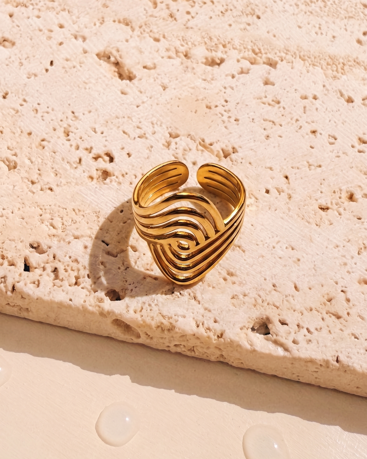 Damiana Wide Multi Layer Hollow Design Gold Open Ring