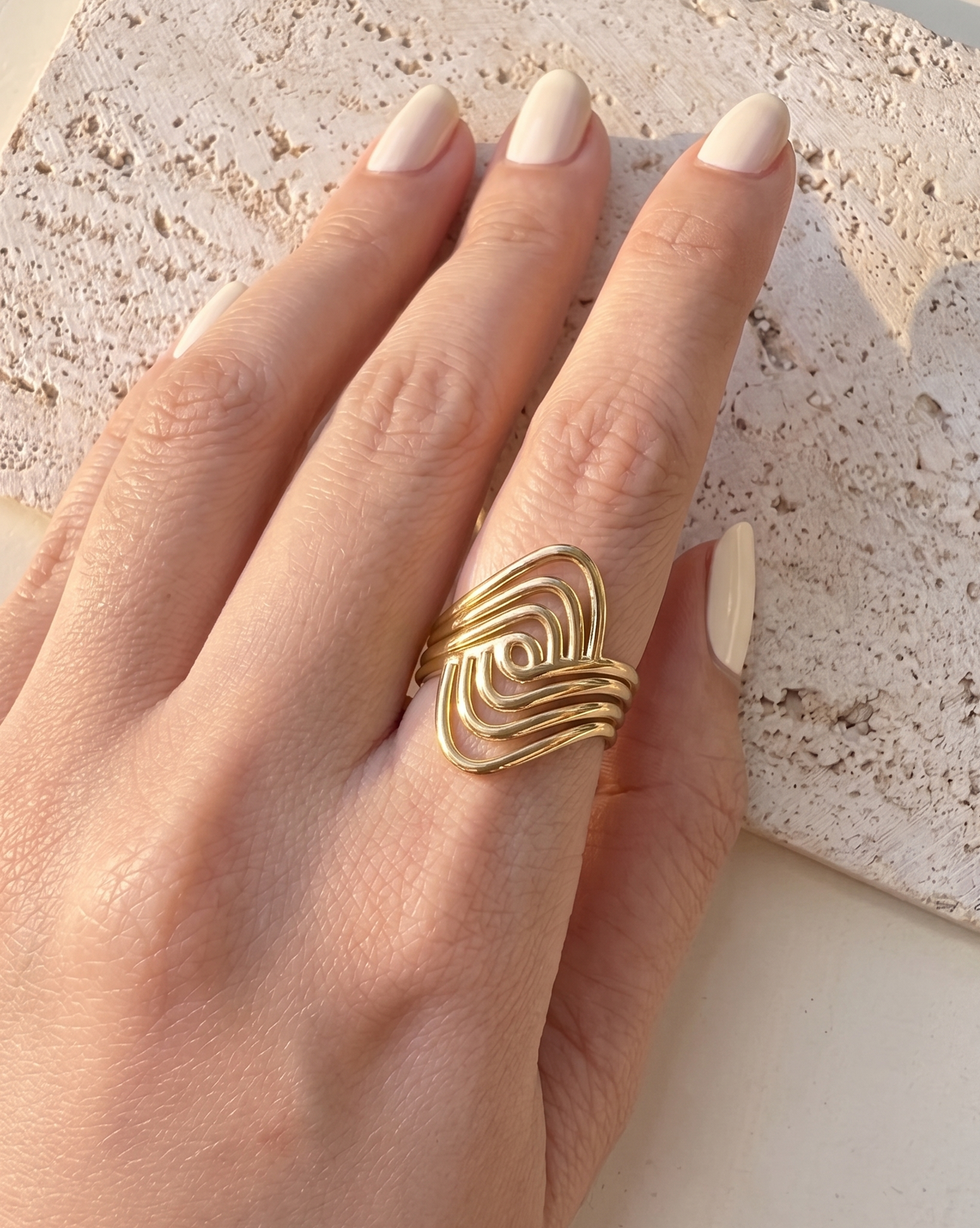 Damiana Wide Multi Layer Hollow Design Gold Open Ring