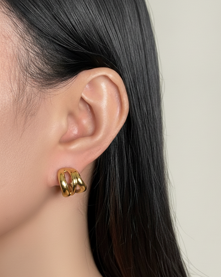 Dixie (Gold) Wide Flat Hollow C-Shaped Melted Hoop Design Layered Look Hoops