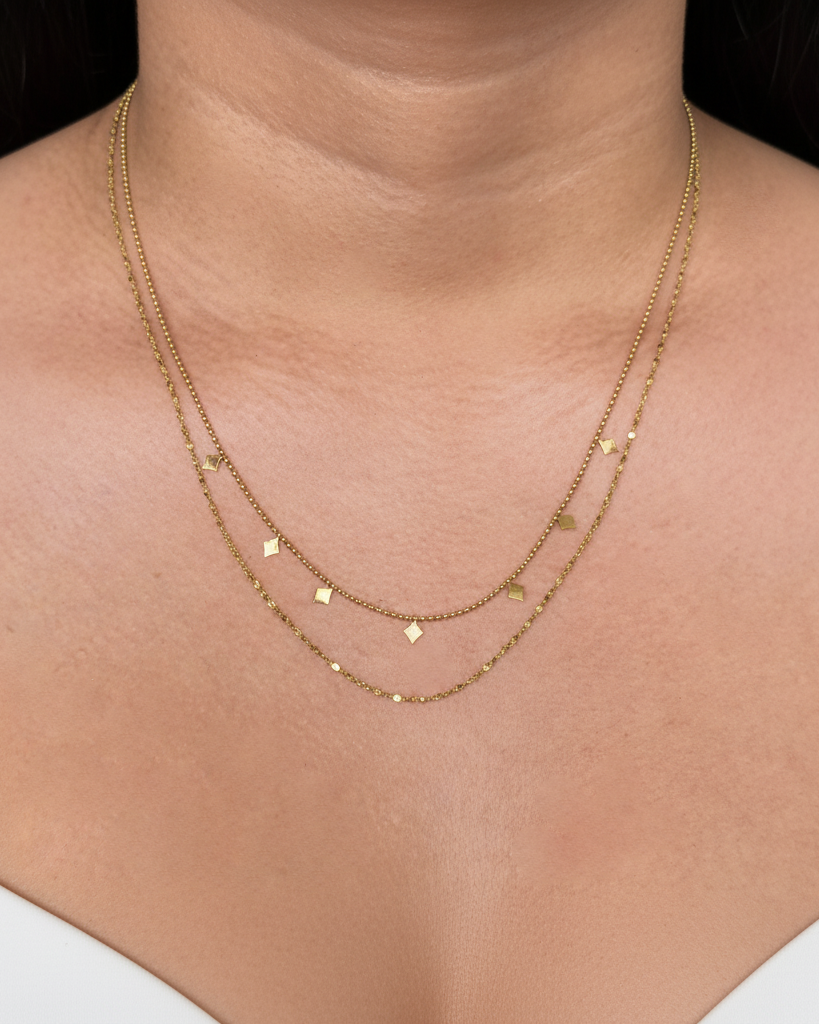 Dorelle Double Layer Tiny Ball Beads Chain Small Diamond Flat Pendants Tiny Flat Round Thick Beads Chain Gold Necklace