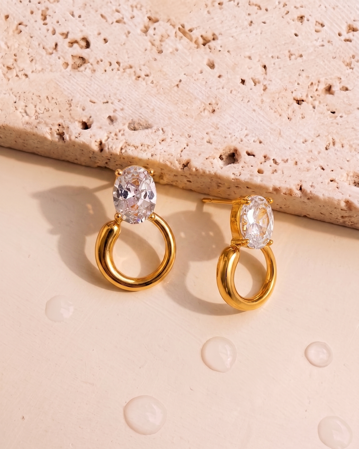 Dorothy Oval Zircon Crown Set Stud Round Hollow Ring Gold Drop Earrings