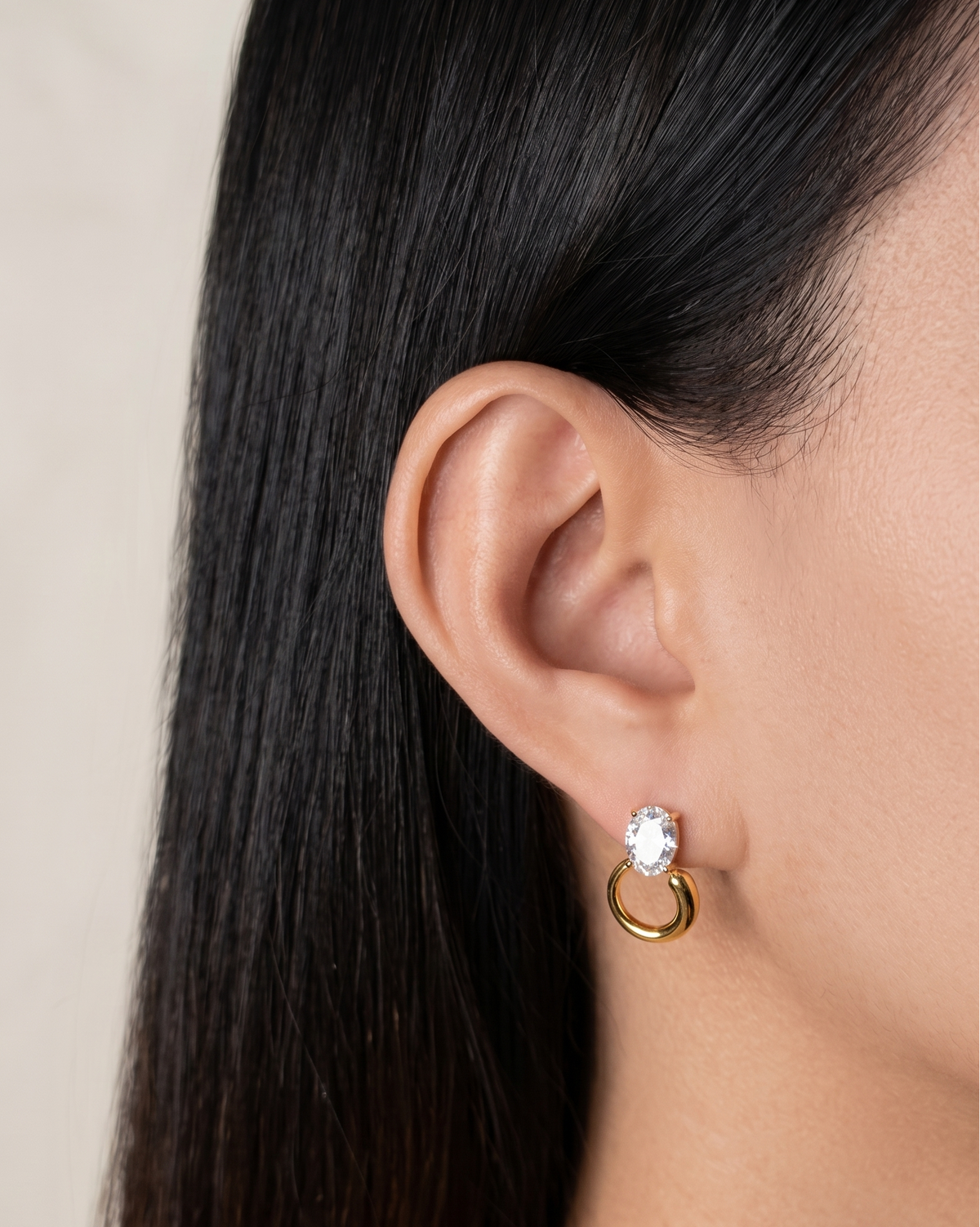 Dorothy Oval Zircon Crown Set Stud Round Hollow Ring Gold Drop Earrings