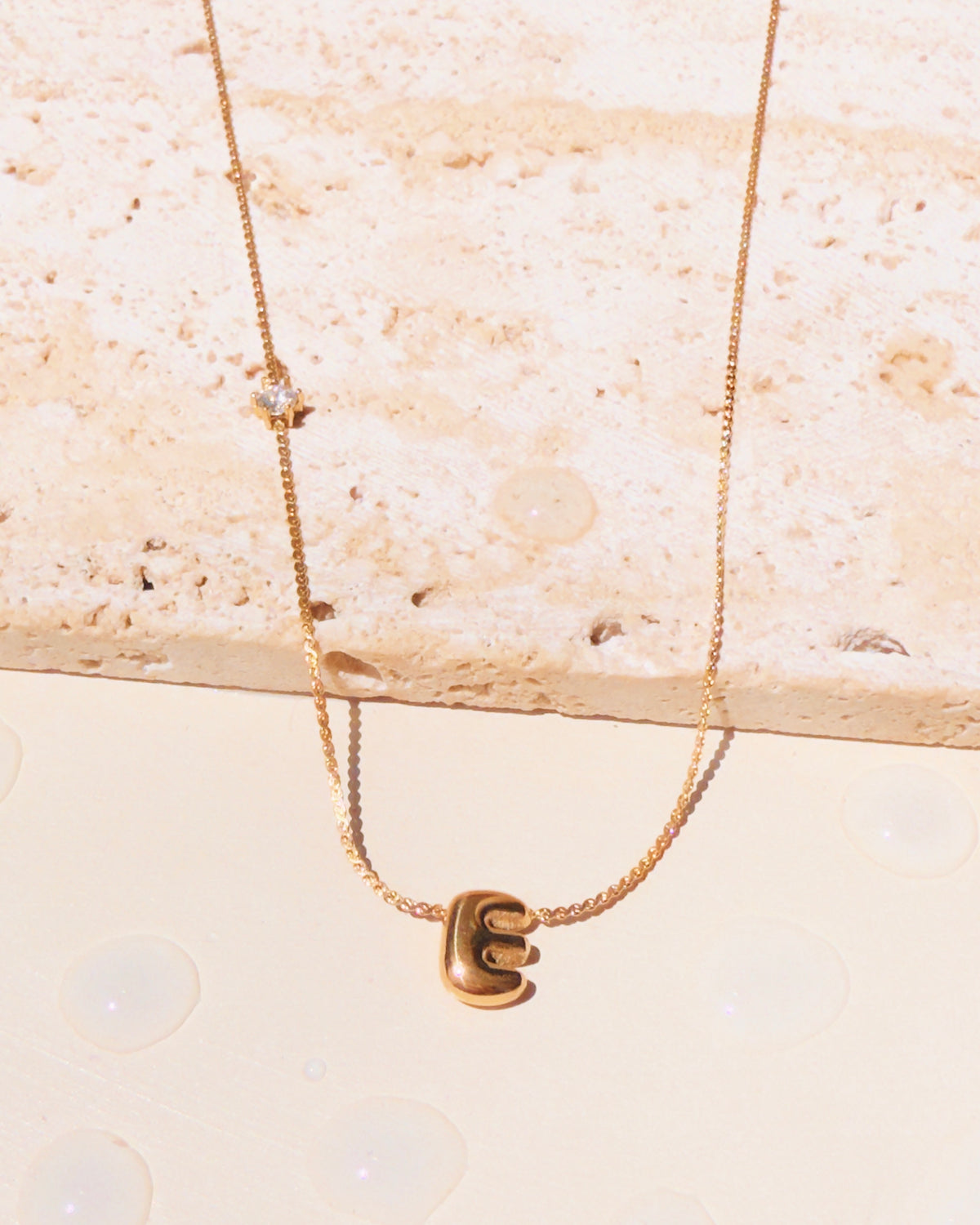 Marieta Letter Initials (A-Z) Rounded Puffy Design Center Pendant Zircon Side Pendant Thin Snake Chain Gold Necklace