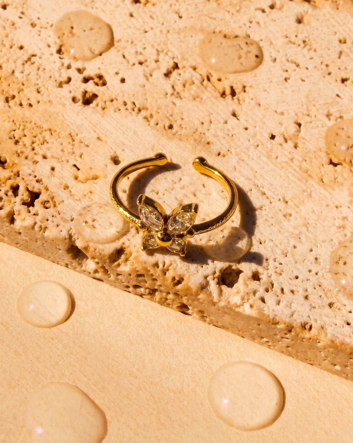 Elfi Butterfly Shaped Zircon Wings Bezel Set Top Head Textured Design Gold Open Ring