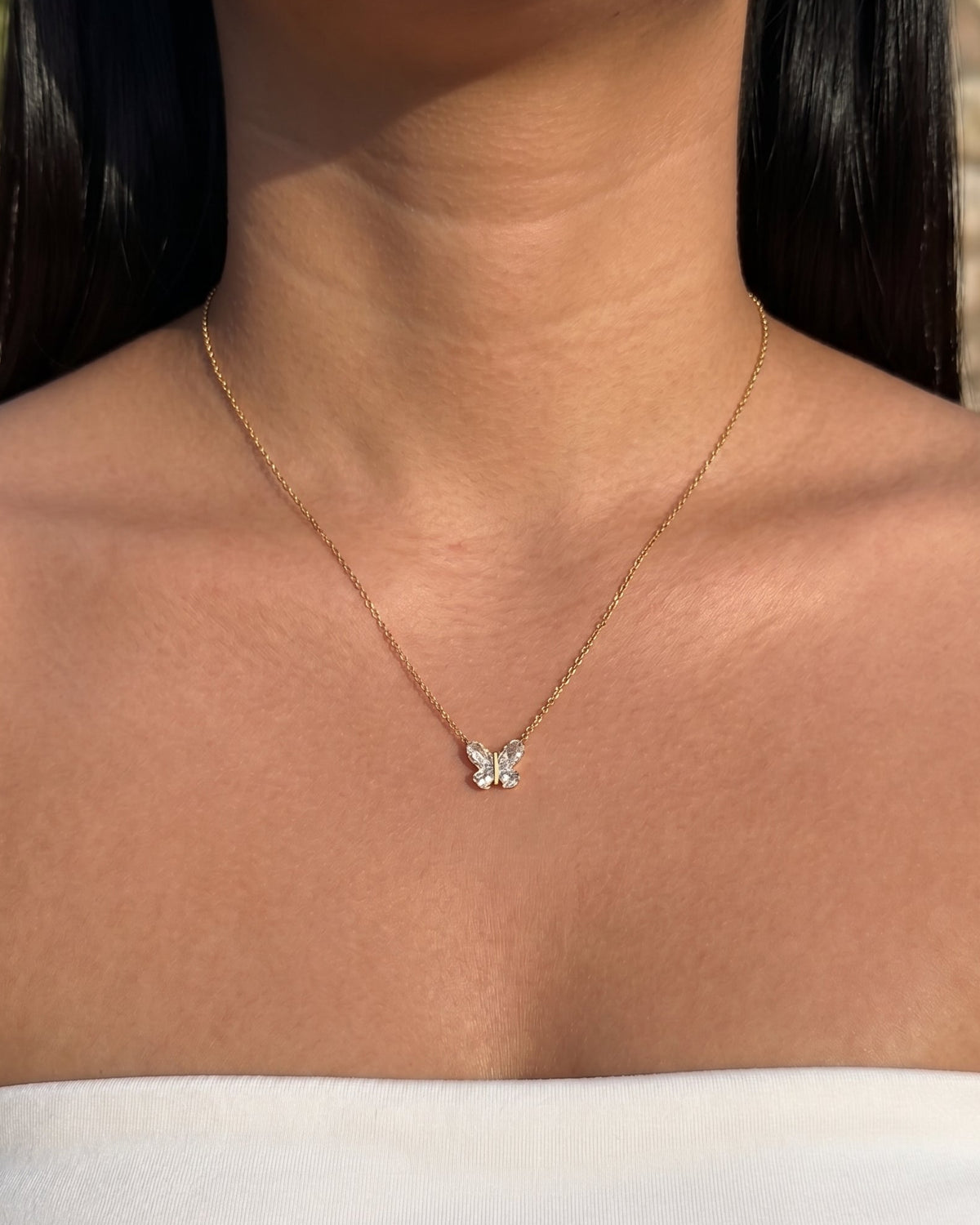 Elfrida Butterfly Shaped Zircon Wings Bezel Set Pendant Classic Thin Link Chain Gold Necklace