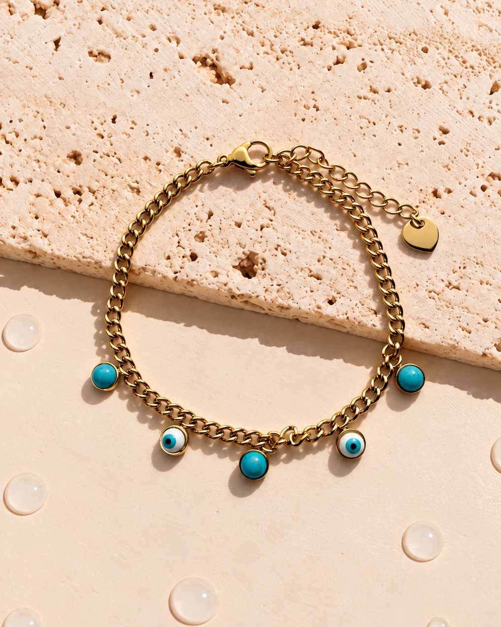 Ella Turquoise Stone Resin Evil Eye Design Charms Classic Curb Chain Gold Bracelet