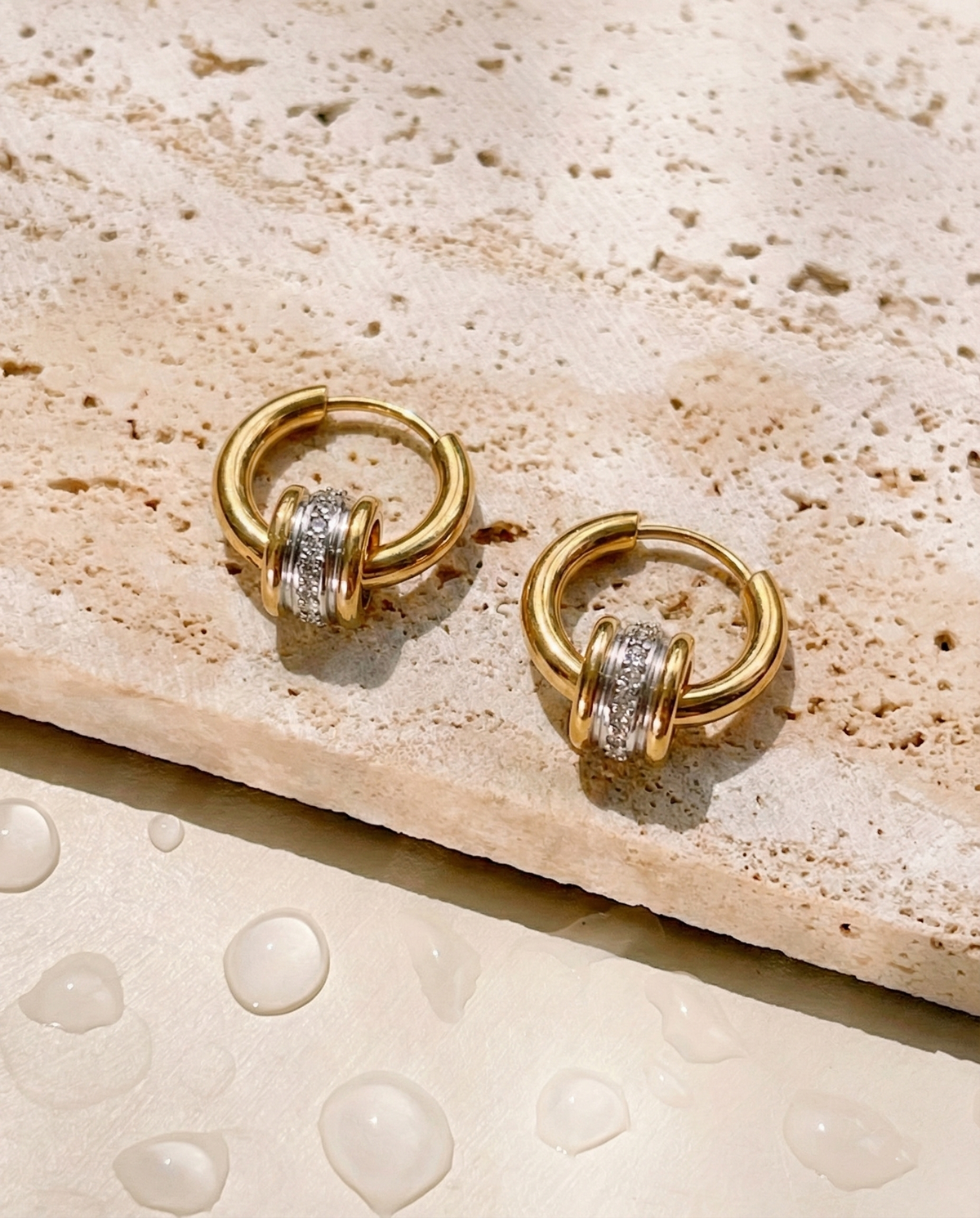 Elnira Two Tone Classic Round Gold Hoop Small Wide Zircon Center Paved Silver Ring Hook Drop Earrings