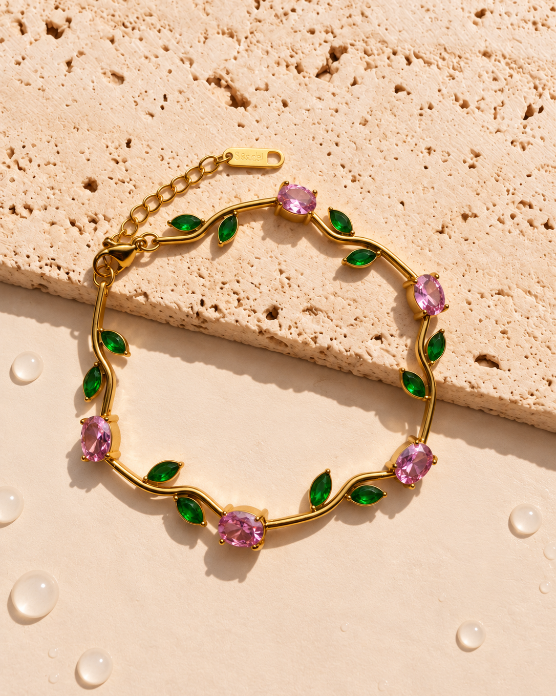 Emery Pink Zircon Flower Green Zircon Leaf Gold Stem Rose Flower Vine Design Bracelet