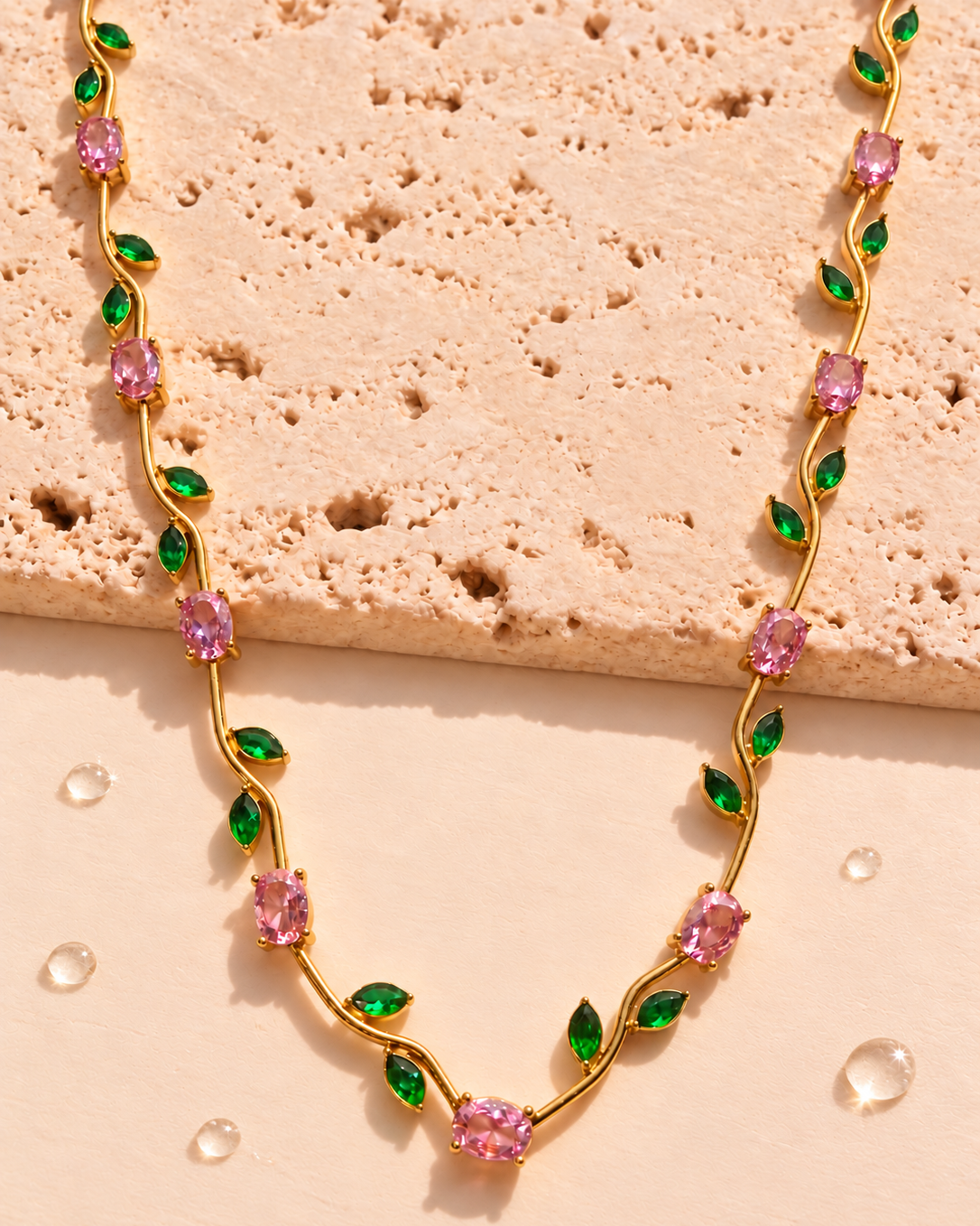 Esther Pink Zircon Flower Green Zircon Leaf Gold Stem Rose Flower Vine Design Necklace