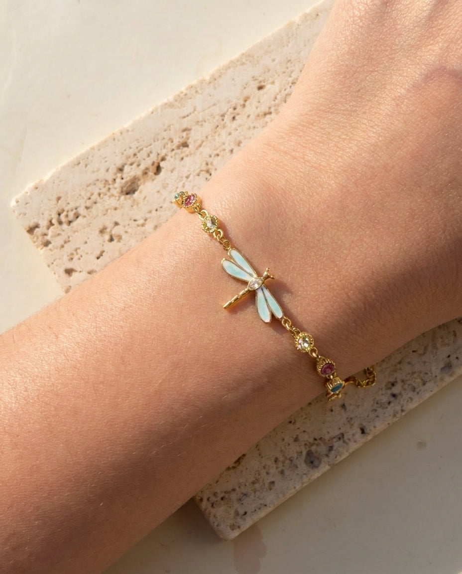 Etty Dragonfly Shaped Multi Colored Round Zircon Bezel Set Beads Pendant Classic Thin Link Chain Gold Bracelet