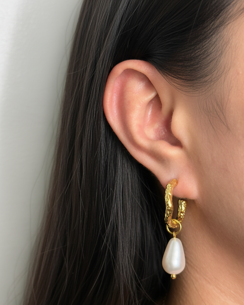 Evalora Textured Irregular C-Shaped Design Gold Hoop Waterdrop Resin Pearl Drop Earrings