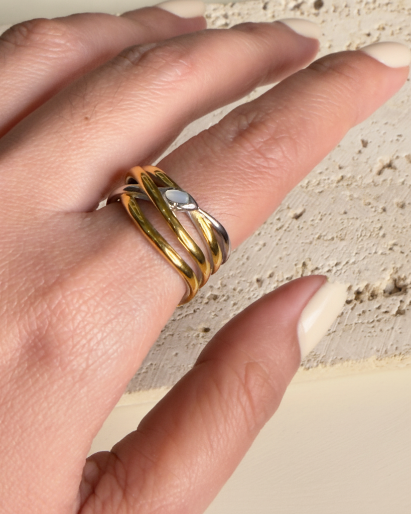 Evania Two Tone Layered Silver Gold Coiled Intertwined Snake Design Ring