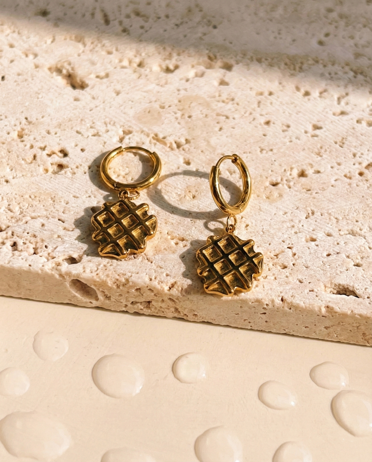 Evanthe Thin Round Huggie Waffle Shaped Gold Drop Earrings