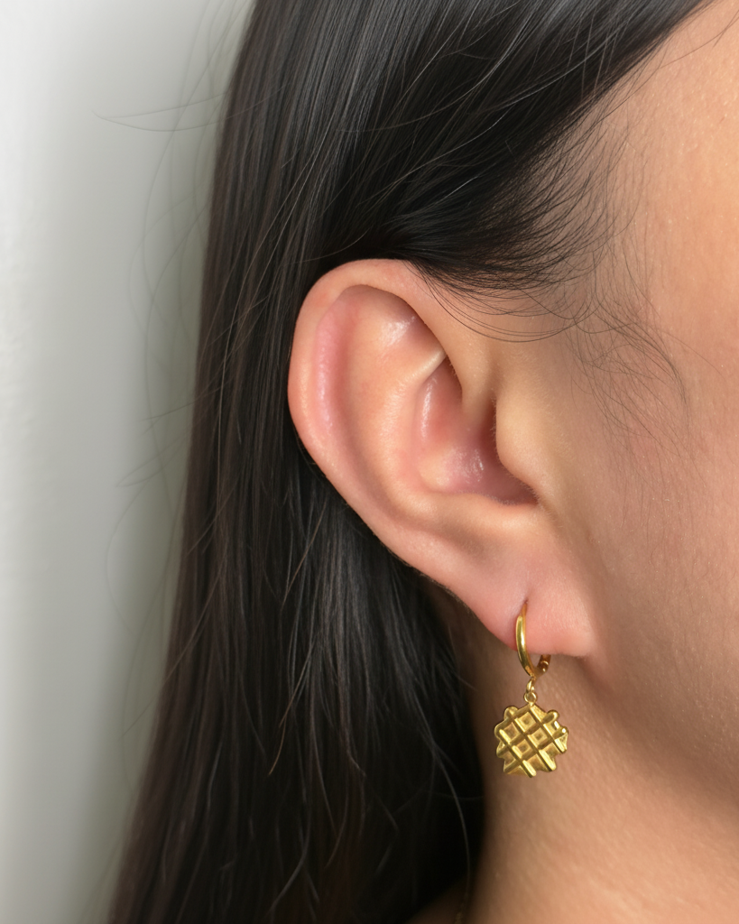 Evanthe Thin Round Huggie Waffle Shaped Gold Drop Earrings