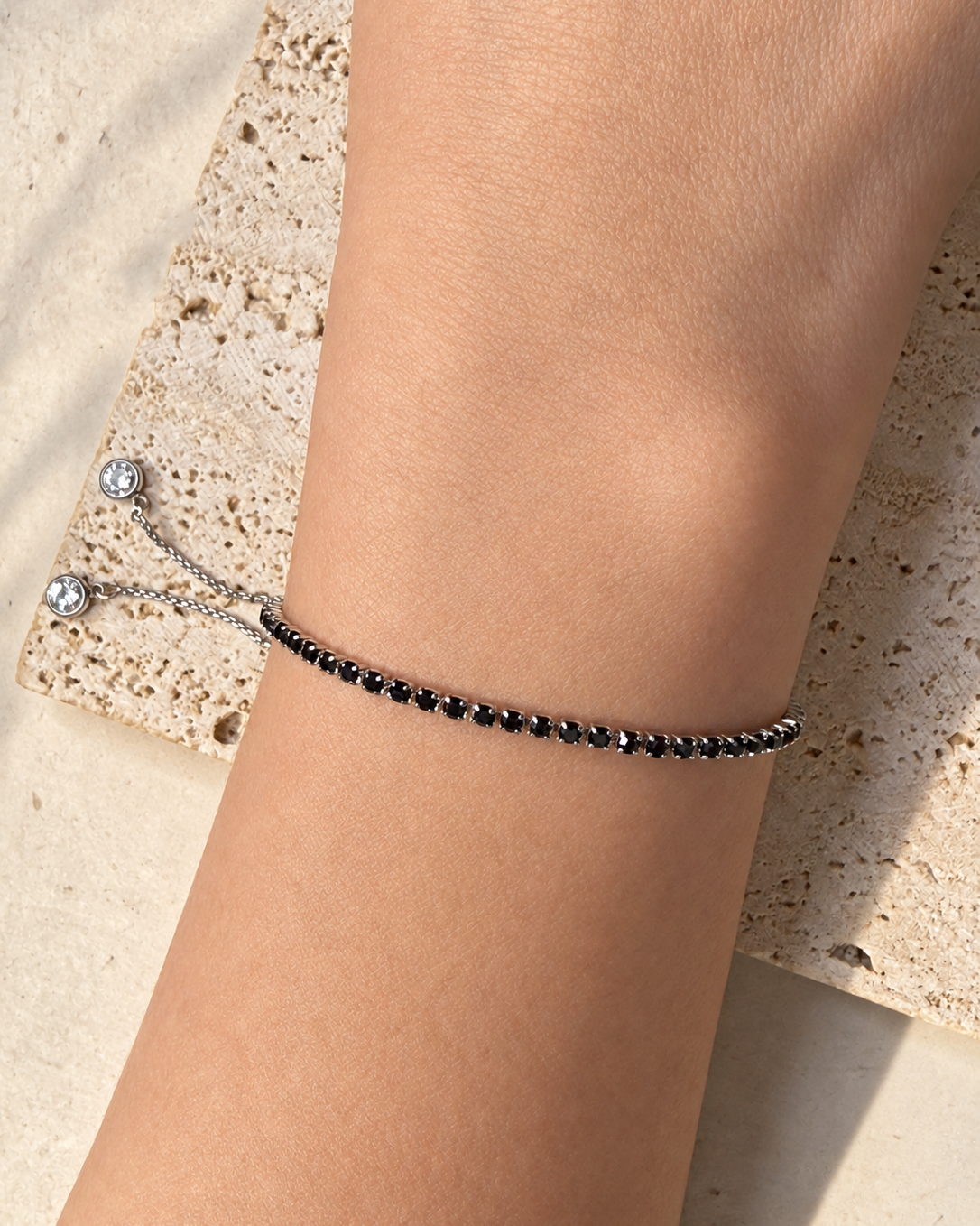 Gabbie (Black) Zircon Rectangular Tennis Chain Bezel Set Pull Adjustable Lock Design Silver Bracelet