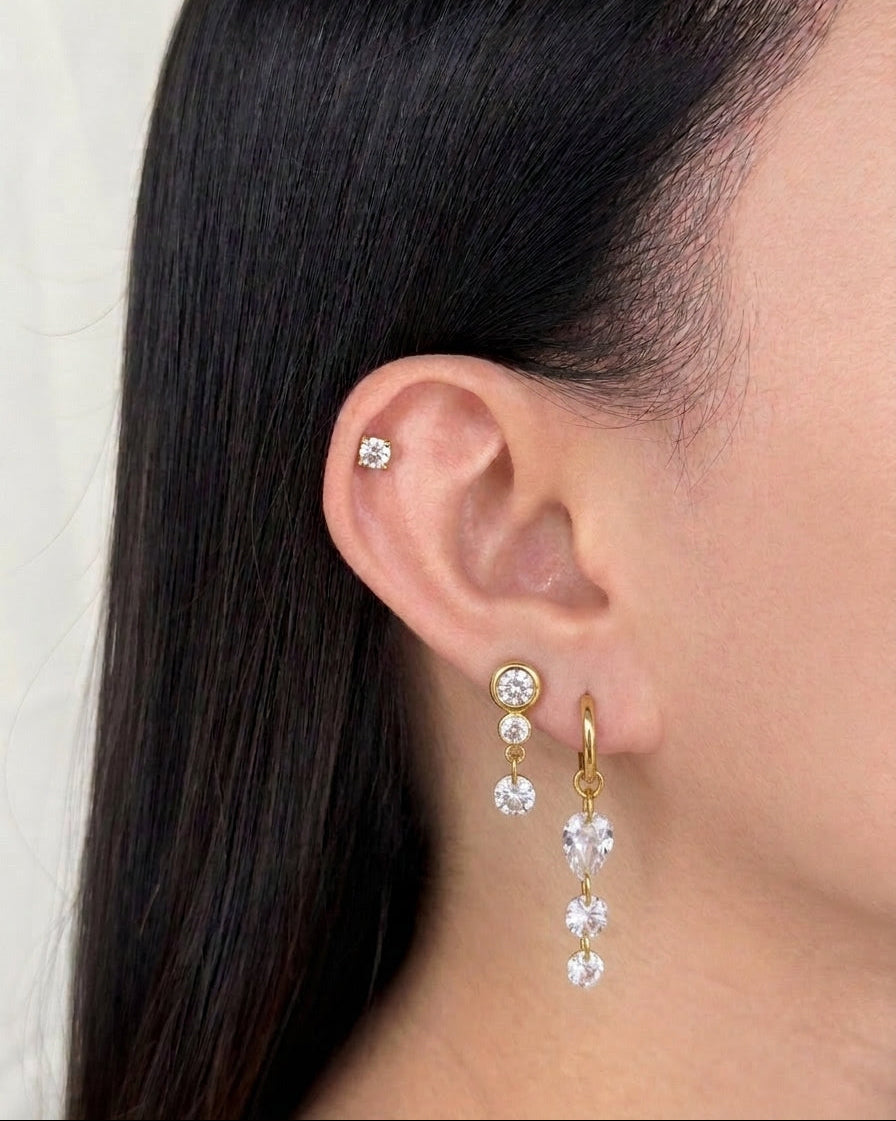 Gafna (Bundle Set) 3 Single Piece Thin Round Huggie Waterdrop Round Zircon Tassel Round Zircon Bezel Set Drop Dainty Zircon Stud Drop Piercing Gold Earrings