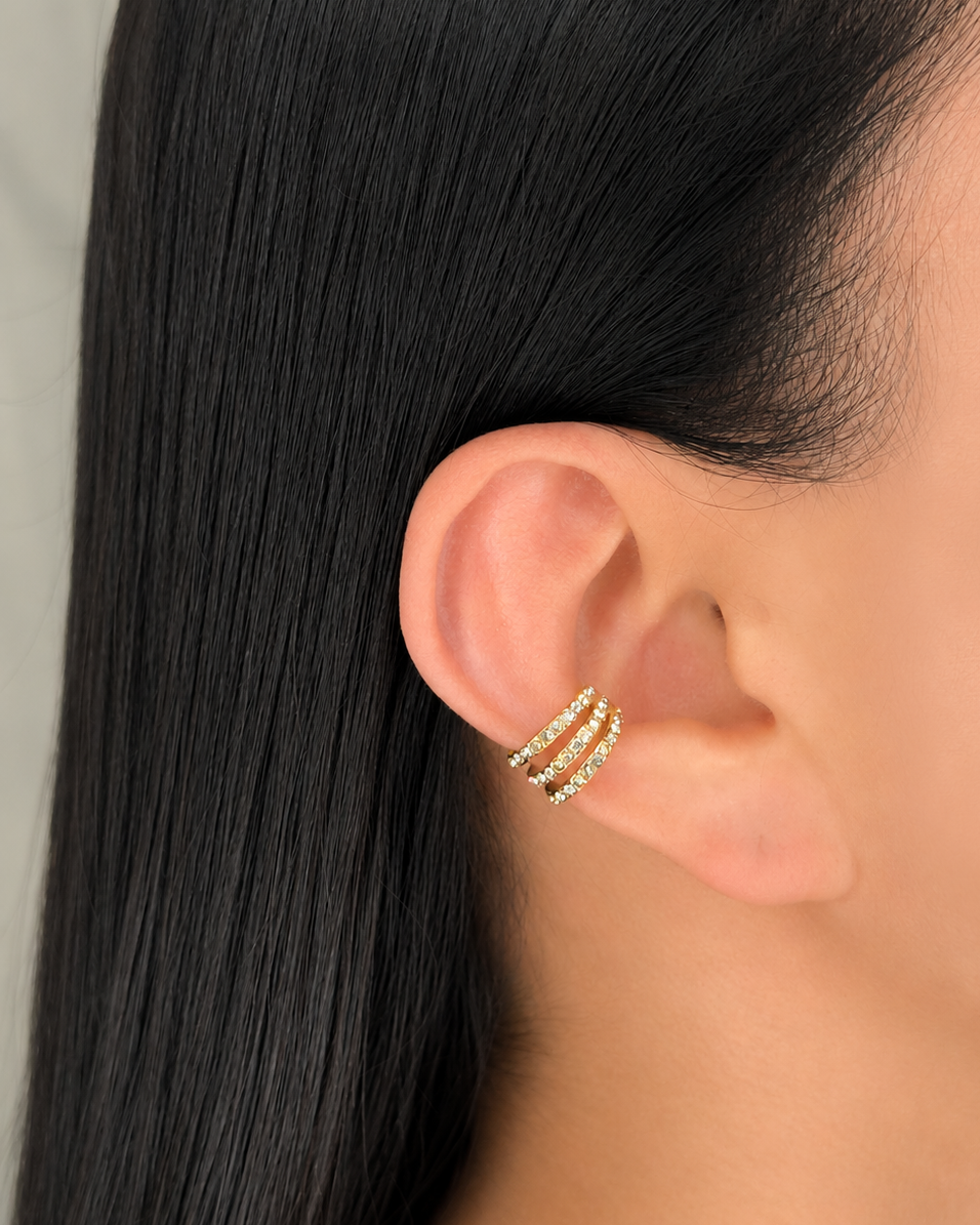 Gentry Triple Layer Zircon Paved Stacked C-Shaped Gold Cuff Earrings