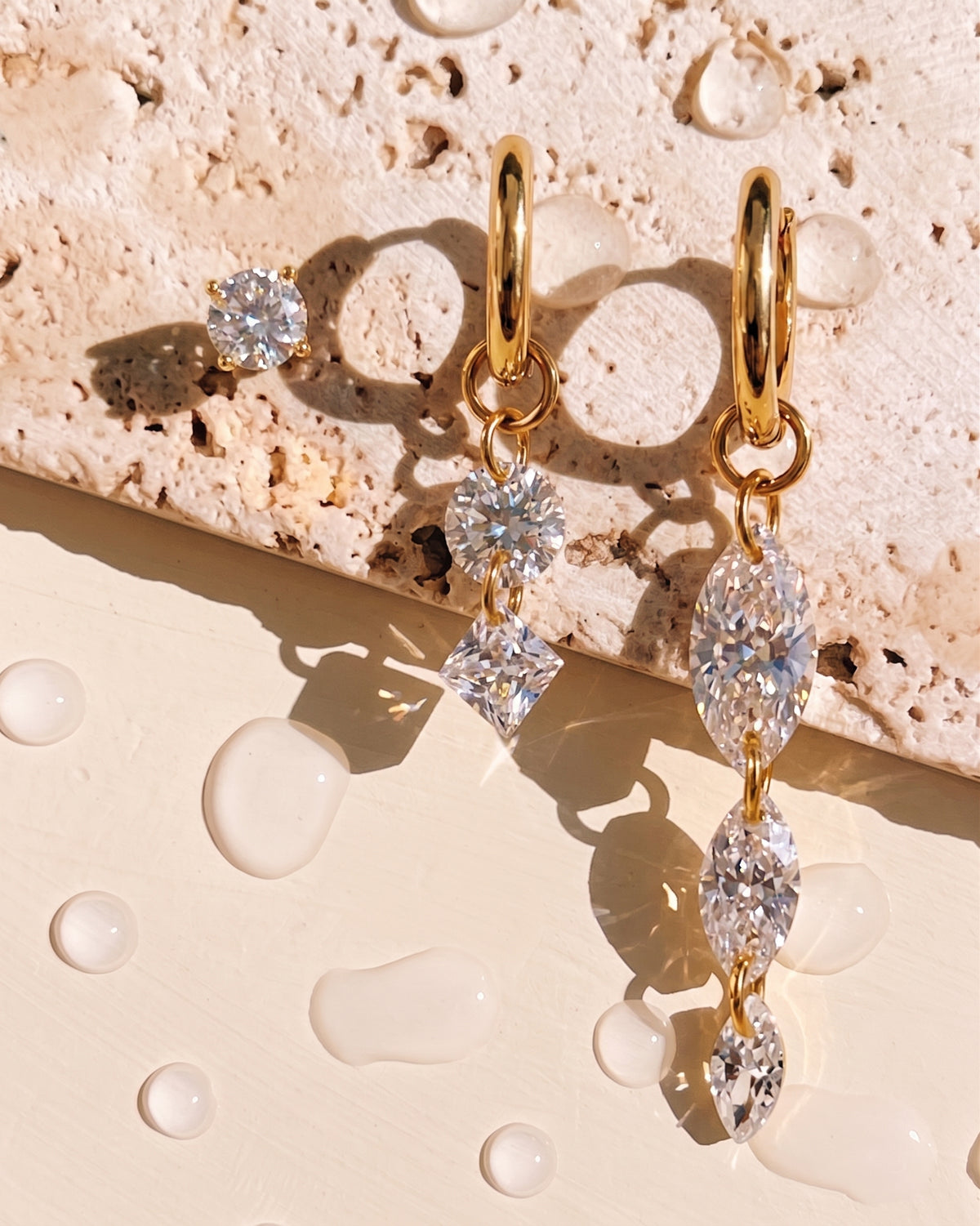 Ghada (Bundle Set) 3 Single Piece Thin Round Huggies Zircon Tassel Design Zircon Stud Piercing Gold Earrings