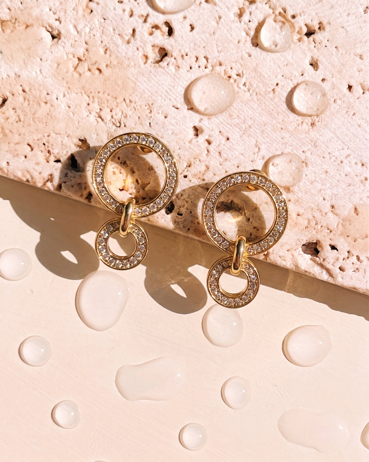 Gouya Ring Stacked Double Zircon Paved Big Small Round Halo Design Gold Drop Earrings