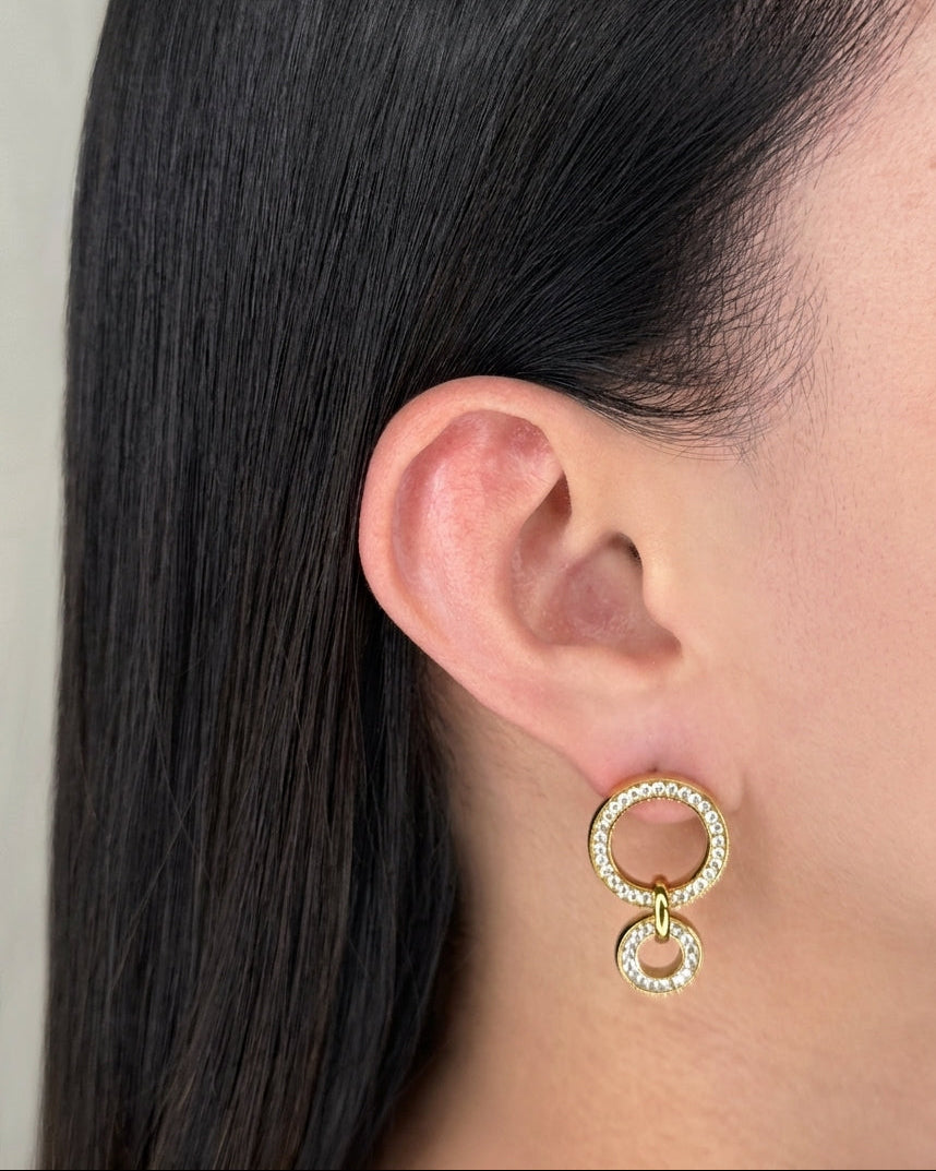 Gouya Ring Stacked Double Zircon Paved Big Small Round Halo Design Gold Drop Earrings