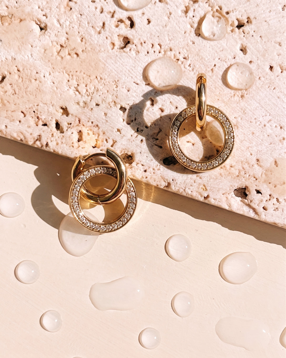 Grazia Classic Round Hoops Stacked Zircon Paved Round Halo Design Gold Drop Earrings