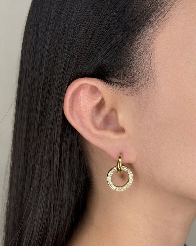 Grazia Classic Round Hoops Stacked Zircon Paved Round Halo Design Gold Drop Earrings