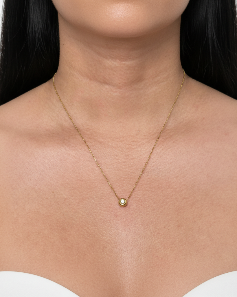 Grinnel (Bundle Set) Round Zircon Thick Bezel Set Gold Stud Earrings Round Zircon Thick Bezel Set Pendant Classic Thin Link Chain Gold Necklace