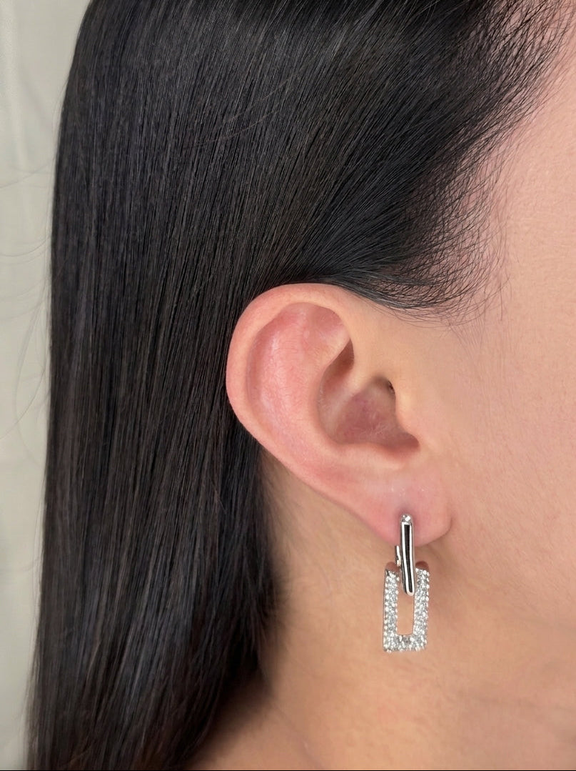 Gussie (Silver) Stacked Double Rounded Rectangular Zircon Paved Chain Design Silver Drop Earrings