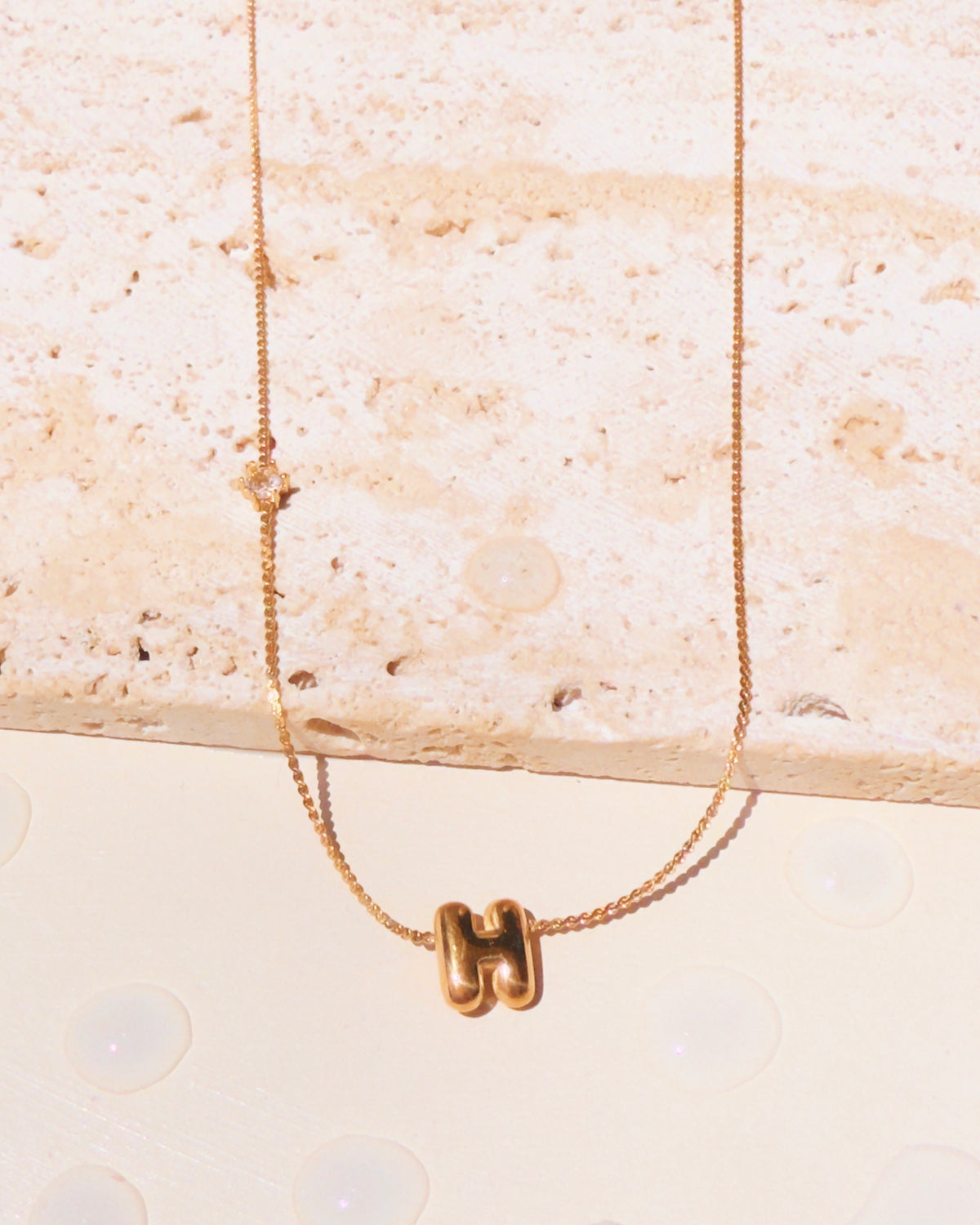 Marieta Letter Initials (A-Z) Rounded Puffy Design Center Pendant Zircon Side Pendant Thin Snake Chain Gold Necklace