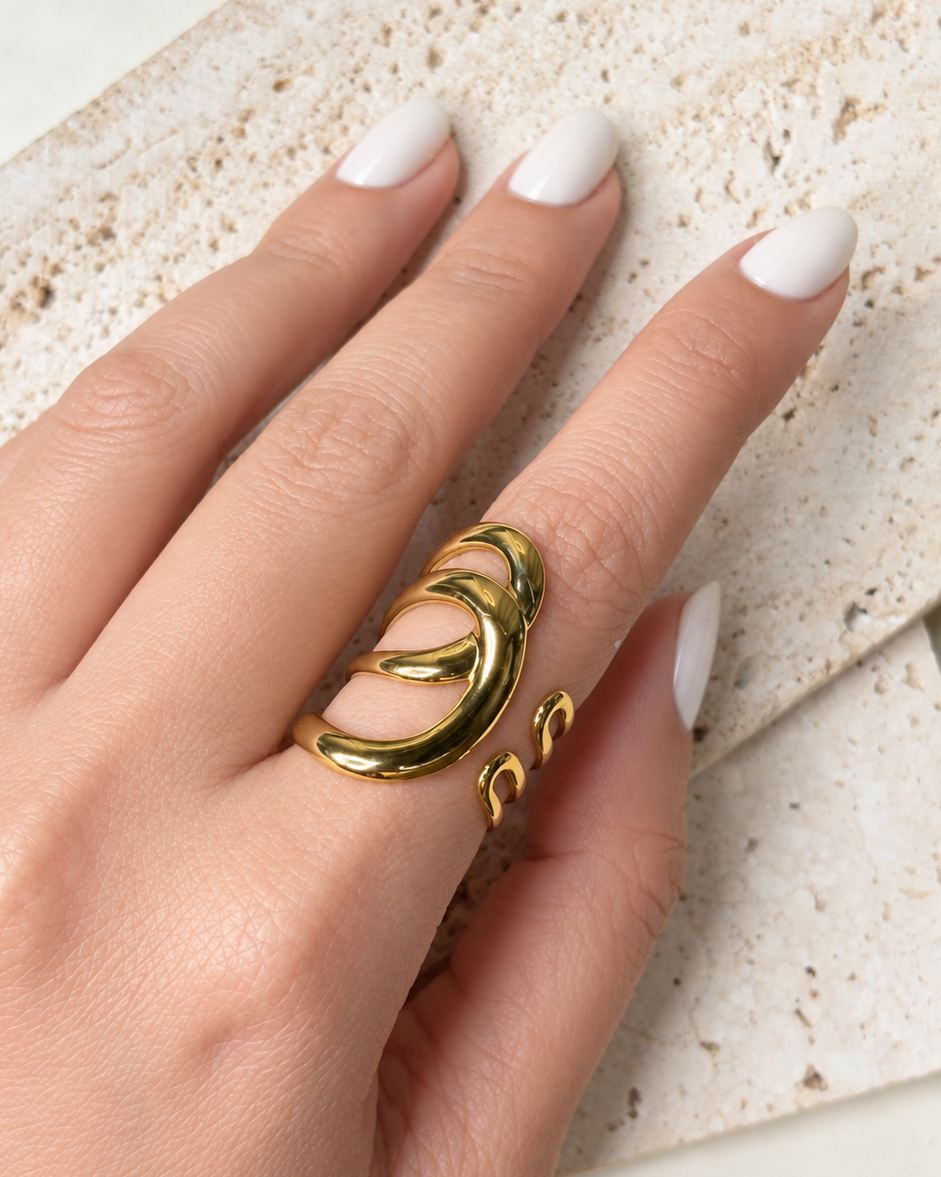 Halima Multi Layer Hollow Overlapping Wide Thin Wavy Design Band Open Gold Ring