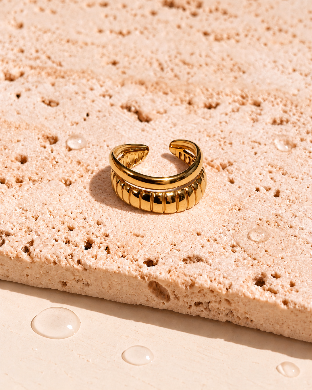 Hafsa Double Layer Wide Textured Smooth Thin Slanted Design Band Open Gold Ring