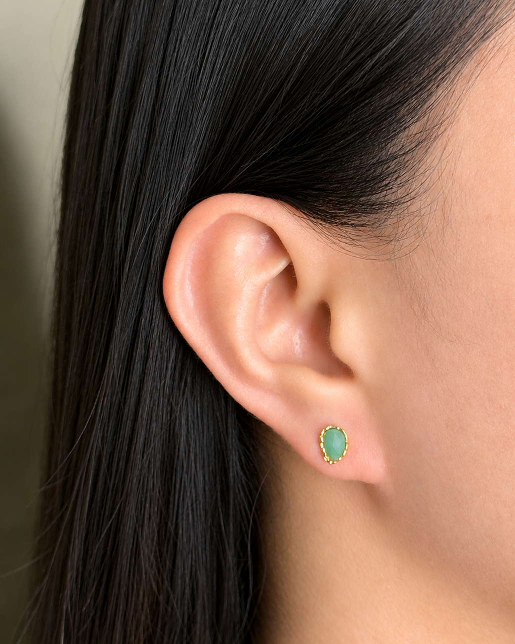 Hallie (Green) Irregular Shaped Green Natural Stone Inlaid Bezel Set Gold Stud Earrings