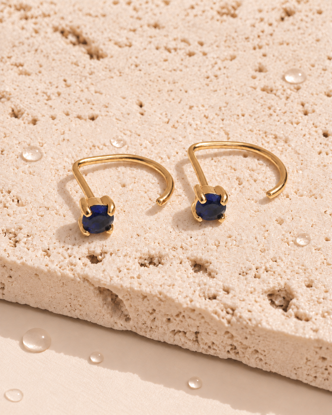 Harper (Blue Gold) Minimalist Round Blue Zircon Crowned Set J Hook Floating Design Gold Stud Earrings