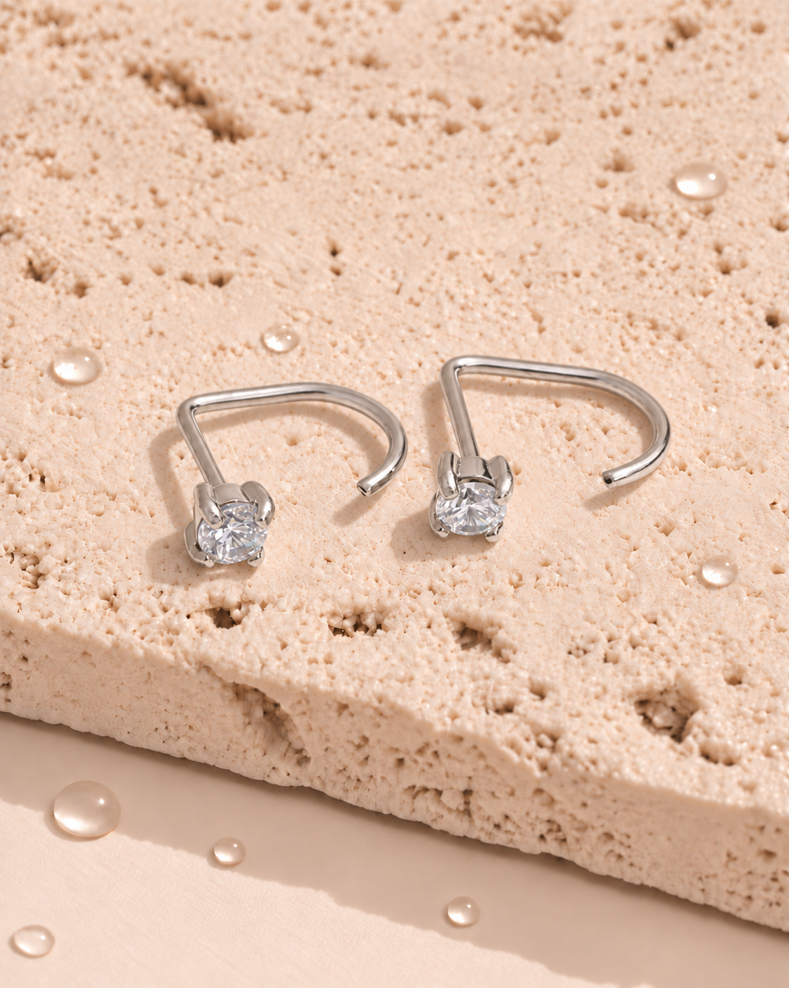 Harper (White Silver) Minimalist Round Clear Zircon Crowned Set J Hook Floating Design Silver Stud Earrings