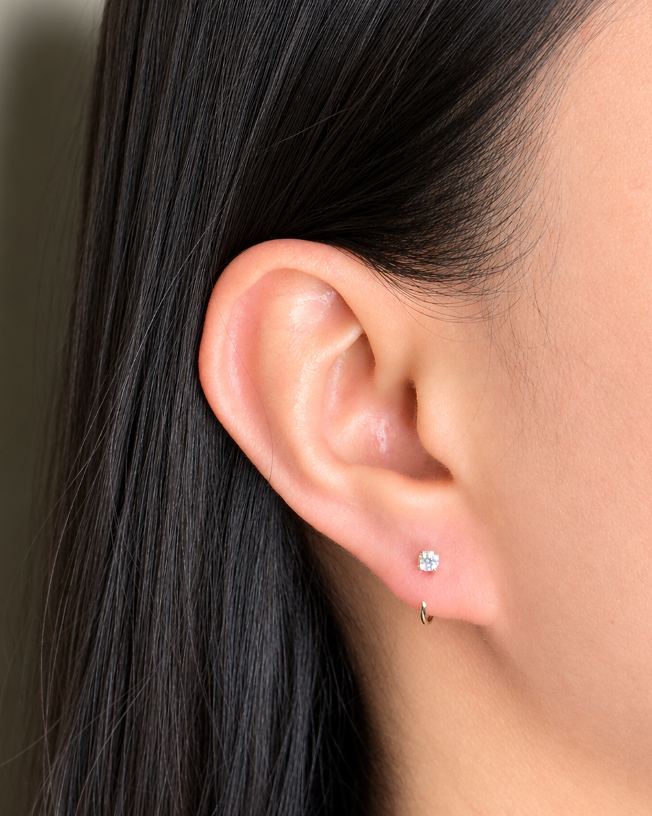 Harper (White Silver) Minimalist Round Clear Zircon Crowned Set J Hook Floating Design Silver Stud Earrings