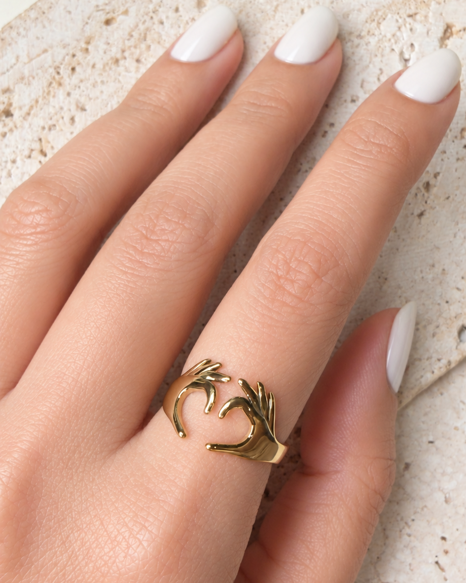 Hartlen Carved Hand Heart Sign Design Band Open Gold Ring